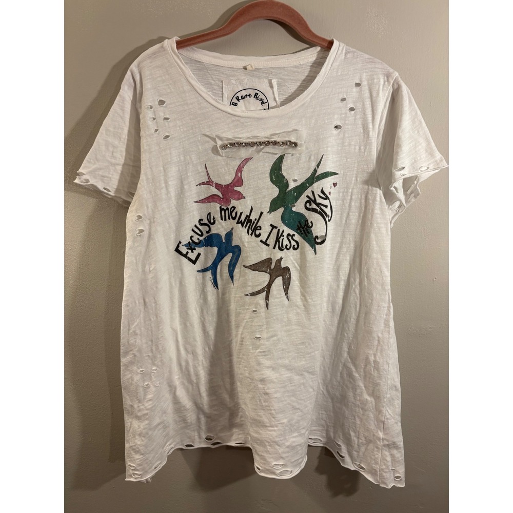A Rare Bird White Distressed Oversizd Tee Shirt S Boho Hippie